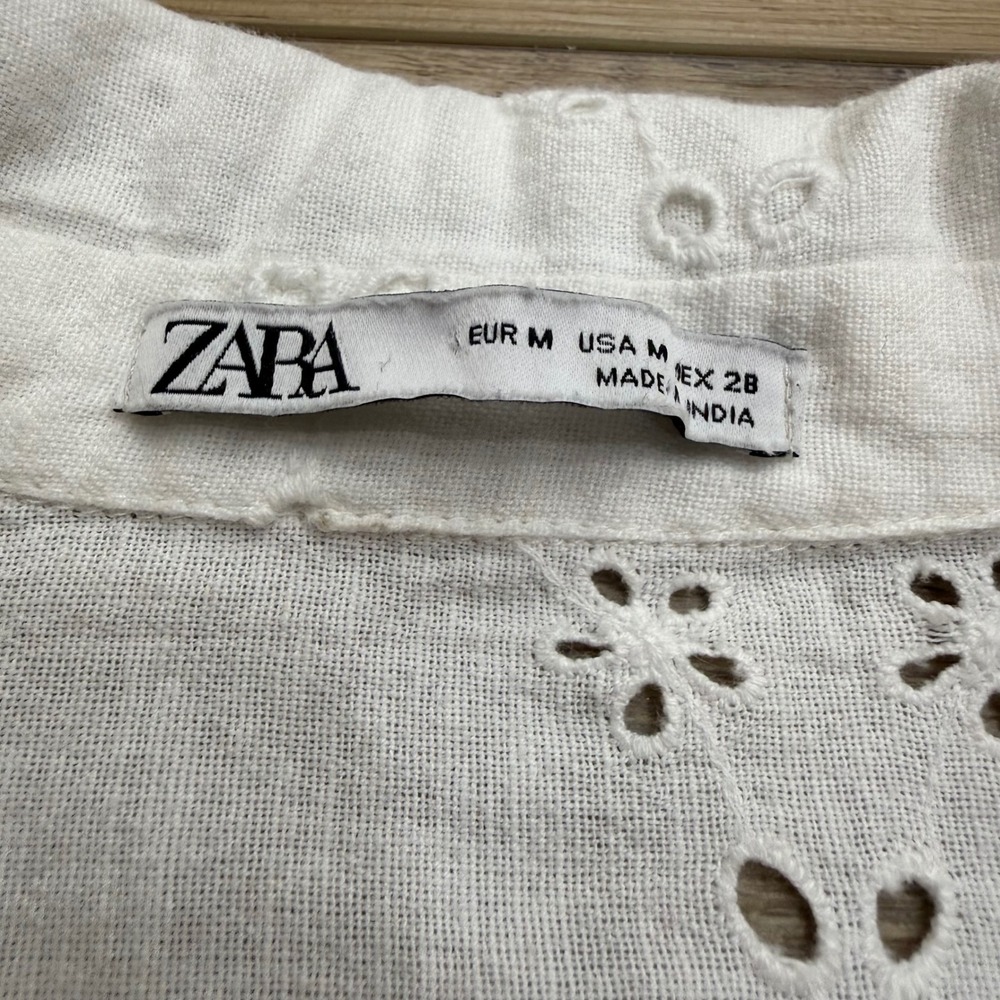 Zara White Eyelet Embroidery Cropped Shirt Black Contrast Trim Size Medium - Picture 5 of 8